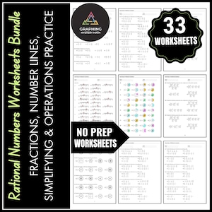 Puede incluir: Un paquete de hojas de trabajo para practicar números racionales, fracciones, rectas numéricas, simplificación y operaciones. Las hojas de trabajo están etiquetadas como "No Prep Worksheets" e incluyen el texto "33 Worksheets".