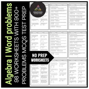 Algebra Word Problems Bundle Engaging Math 98 Worksheets for Grades 6-9 One-Step Equation, Two-Step Equation, Systems of Equations and More
