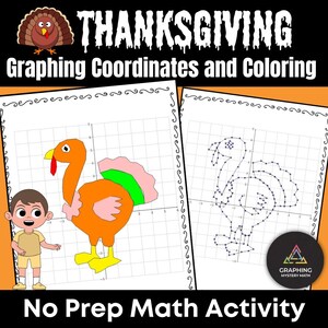 Puede incluir: Actividad educativa con temática de Acción de Gracias que presenta la representación gráfica de coordenadas y coloreado. La imagen muestra una colorida ilustración de un pavo y una cuadrícula de coordenadas con un contorno de pavo. El texto incluye "Thanksgiving", "Graphing Coordinates and Coloring" y "No Prep Math Activity."