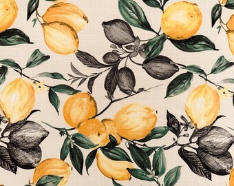 May include: A seamless pattern featuring yellow lemons and green leaves on a cream background. The lemons are painted in a watercolor style and have a realistic appearance. The leaves are also painted in a watercolor style and have a more abstract appearance. The pattern is perfect for use in a variety of applications, such as fabric, wallpaper, and home decor.