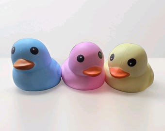 Laffy Quacks Sensory Rubber Duck Set 3 Pack Blue Pink Yellow Squishy Stretch Toy