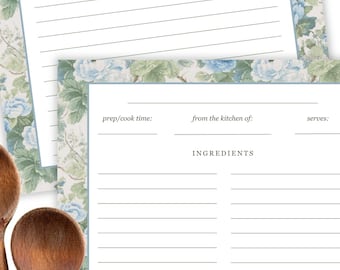 Floral Recipe Cards Set of 20, Blue Vintage Family Recipe Cards, Custom Kitchen Gift