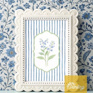 Cottage blauw gestreepte bloemsierkunst, Grand Millennial kunst aan de muur, Engelse land bloemenprint, 11 x 14 bloemsierkunst, Girls Room Decor, Frans land