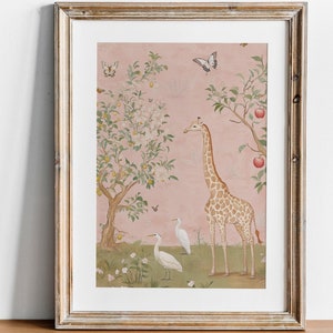 Láminas de arte para guardería de estilo chinoiserie, arte para guardería de niña, decoración de animales, arte con núcleo de cabaña vintage, arte para guardería de jirafas, caprichoso