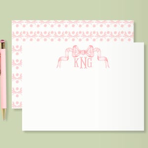 Pink Bow Monogram Stationery Set, Personalized Bow Notecards, Coquette Note Cards, Custom Grandmillennial Flat Cards, Nursery Thank You Note