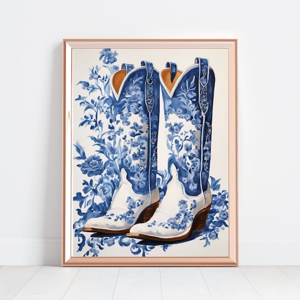 Art cowgirl côtier, Art mural Preppy, Décoration intérieure occidentale, Impression chinoiserie bleue, Impression Cowgirl, Impression Preppy, Peinture occidentale