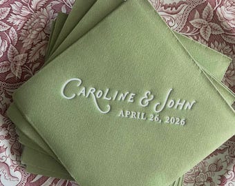 Personalized Green Wedding Cocktail Napkins, Linen-Like, Wedding Bar Decor, Foil Debossed Bar Napkins, 5x5 Beverage Custom Napkins