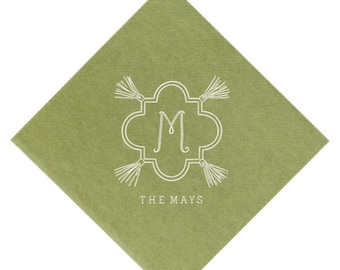 Custom Monogram Whimsical Wedding Napkins, Garden Party Wedding, Olive Green Bar Decor, Custom cocktail Napkins