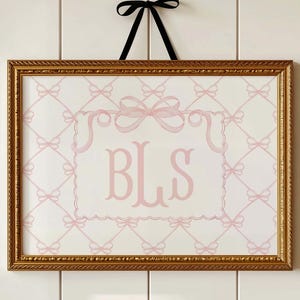 Nursery Monogram Wall Art, Pink Coquette Bow Print, Initial Wall Art, Grand Millennial Prints, Baby Girl Nursery, Vintage Preppy, Download