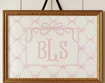 Nursery Monogram Wall Art, Pink Coquette Bow Print, Initial Wall Art, Grand Millennial Prints, Baby Girl Nursery, Vintage Preppy, Download