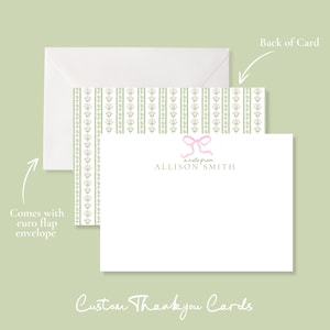 Personalized Pink Bow Thank You Cards, Custom Name Stationery Set, Grandmillennial Floral Note Cards, Custom Hostess Gift, Pink Block Print