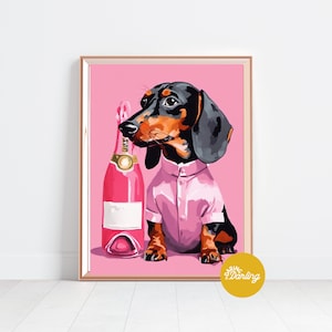 Dachshund Art Print, Bar Cart Print, Bar Cart Decor, Doxie Wall Art, Doxie Mom Gift, Preppy Wall Art, Champagne Print, Champagne Art