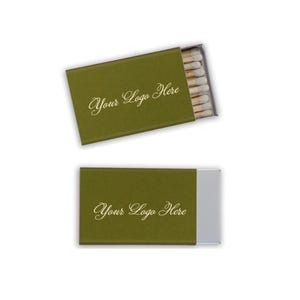May include: Two olive green matchboxes, one open and one closed, are displayed against a white background. The text "Your Logo Here" is printed in a cursive font on the front of each box. The open box reveals the match heads.