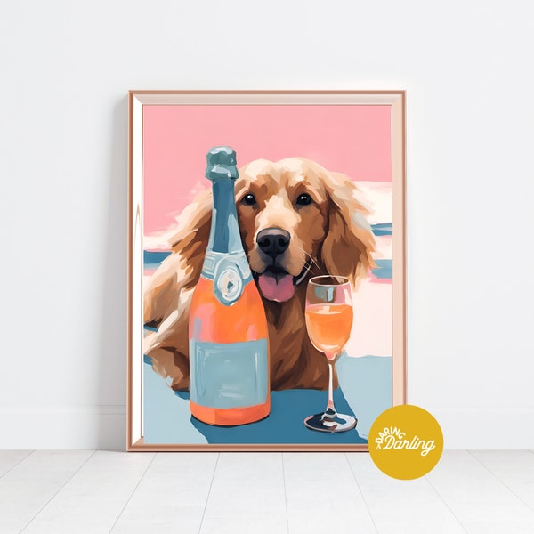 Golden Retriever Art, Bar Cart Print, Preppy Dog Print, Golden Retriever Print, Bar Cart Decor, Champagne Print, College Apartment Decor