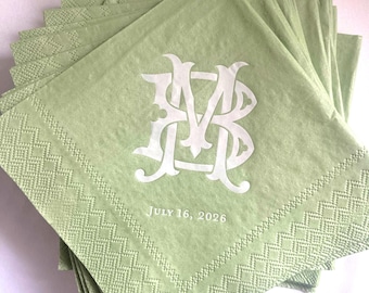 Personalized Wedding Napkins, Sage Green Cocktail Napkins, Monogram Napkins, Custom Date Napkins, Embossed Foil Party Napkins
