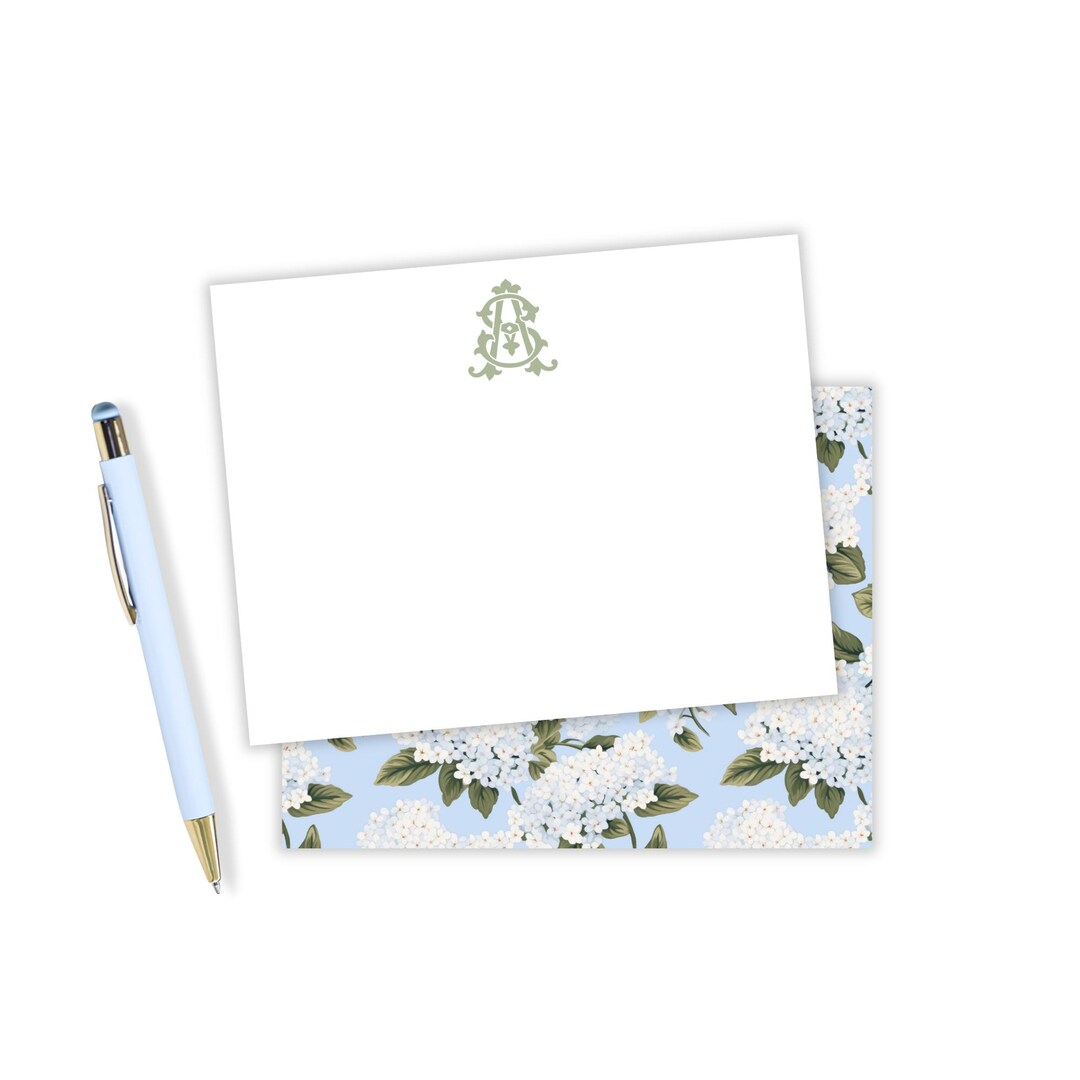 Hydrangea Monogram Note Card Set, Custom Monogram Stationery Set, Blue ...