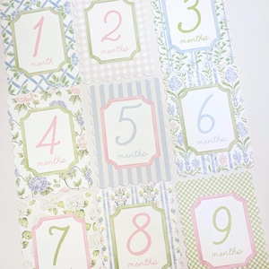 May include: A set of nine monthly milestone cards. Each card features a number from one to nine, with the word "month" below. The cards have scalloped edges and floral or patterned backgrounds in pastel colors.