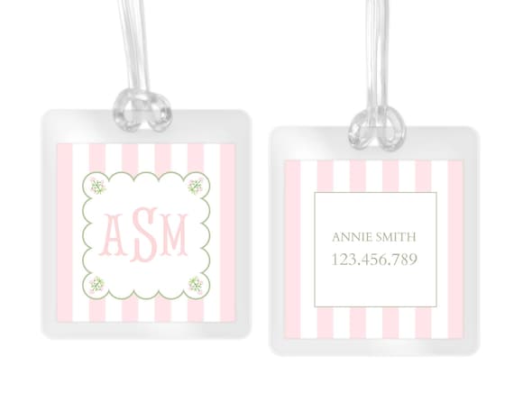Pink Stripe Monogram Bag Tag – Personalized Backpack Tag for Girls, Custom Luggage Tag, Diaper Bag Name Tag, Toddler Travel ID Tag