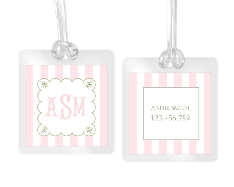 pink bag tag, monogram bag tag, girls luggage tag, diaper bag name tag, backpack name tag, personalized ID tag, custom travel tag, toddler bag tag, baby bag tag, pink monogram tag, striped bag tag, kids backpack tag, preschool name tag