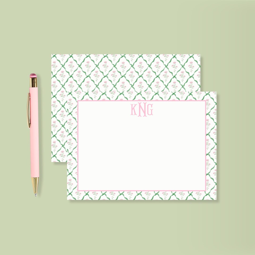 Personalized Monogram Stationery Set, Pink and Green Note Cards, Custom ...