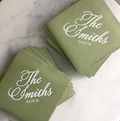 Personalized Wedding Cocktail Napkins, Linen Style, Foil Debossed Bar Napkins, 5x5 Green Custom Napkins