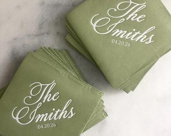 Personalized Wedding Cocktail Napkins, Linen Style, Foil Debossed Bar Napkins, 5x5 Green Custom Napkins