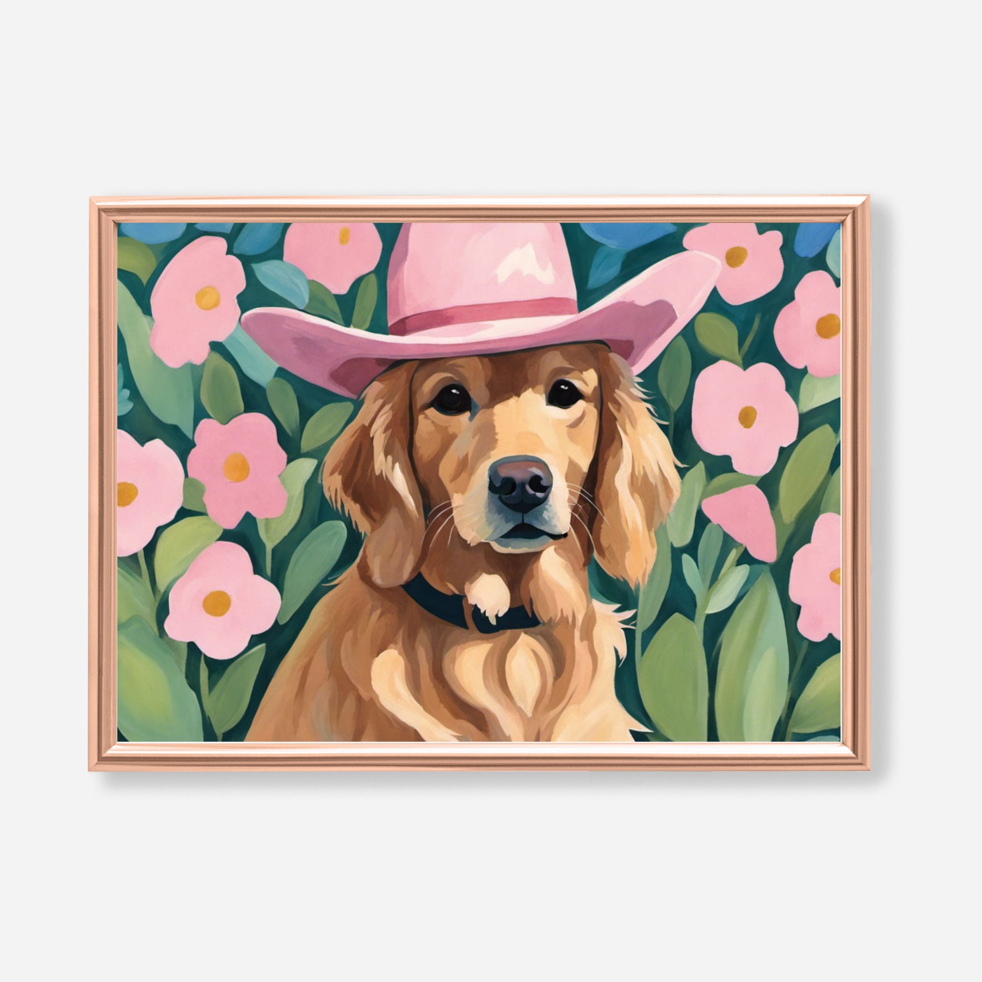 Golden Retriever Dog with Floral Crown Art Print – Funny Decoration Gift –  Cute Room Decor – Poster Wall Tapestry by Mia Charro