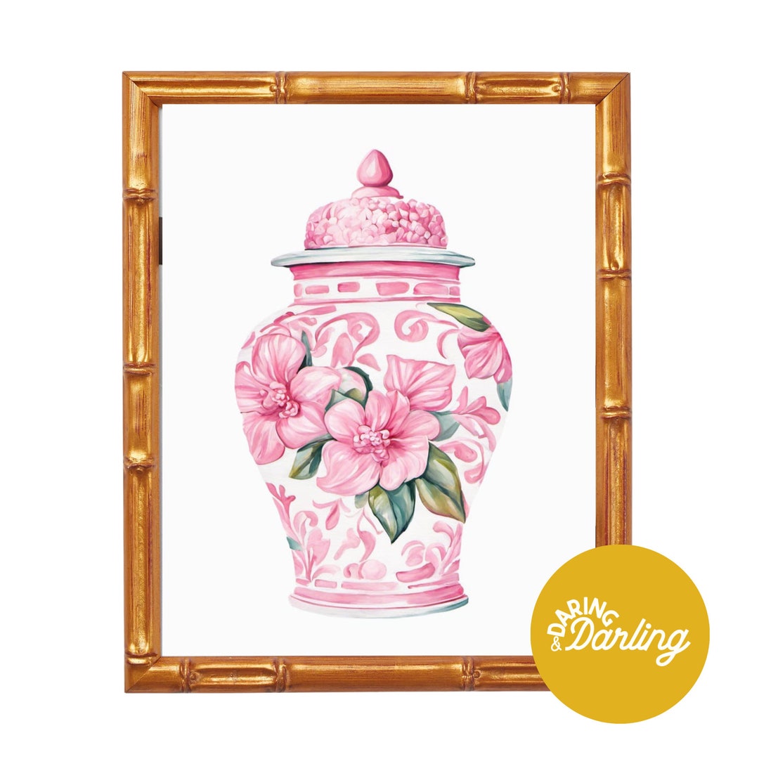 Pink Ginger Jar Art, Grand Millennial Print, Chinoiserie Style, Pink