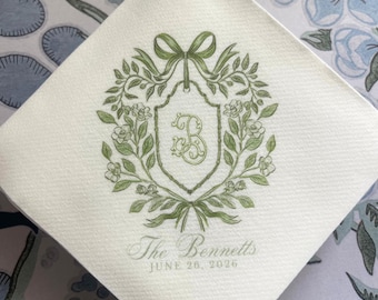 Custom Green Crest Wedding Napkins, Garden Party Whimsical, Monogram Crest Napkins, Blue Wedding Cocktail Napkins