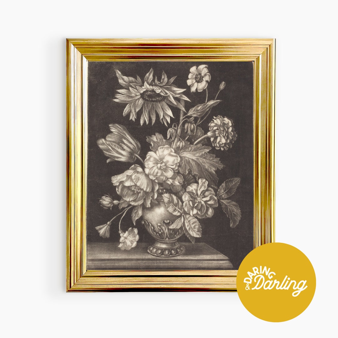 Vintage Floral Art, Moody Art Print, Black Antique Art, Printable Art