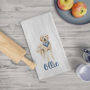 Custom Doodle flour sack towel, tea towel, gift, dog mom, dog dad, personalized name, pet name gift, watercolor pet portrait, Golden Doodle