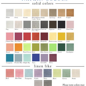 May include: A color chart titled NAPKIN COLORS displaying a grid of solid color swatches including white, ivory, cream, herringbone, gray, charcoal, black, pink, red, yellow, green, blue, and purple, followed by a section for linen like textures.