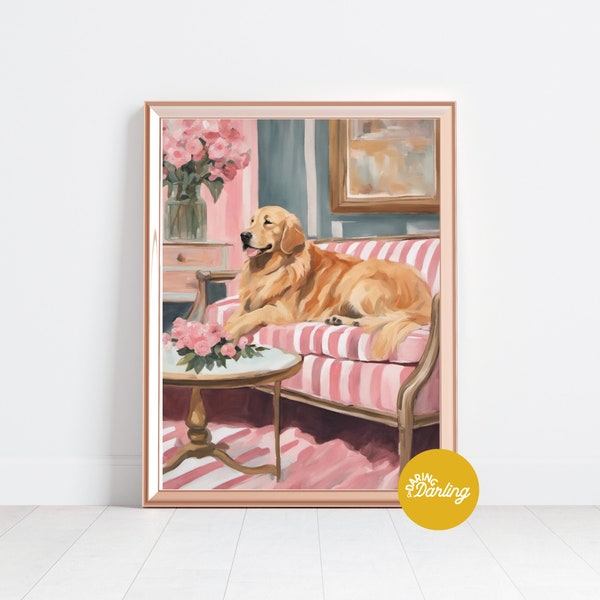 Golden Retriever Digital Print, Dog Nursery Decor, Golden Retriever Gift, Preppy Dog Art, Vet Office Art, Grandmillennial Art