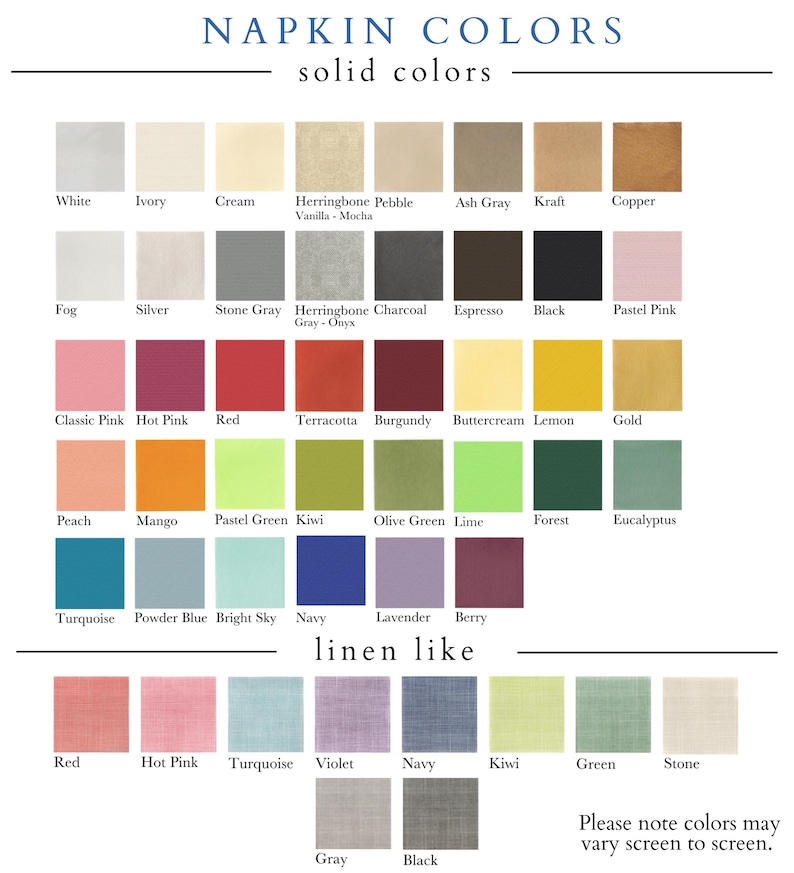 Pu&ograve; includere: Una tabella colori che mostra una variet&agrave; di colori di tovaglioli, comprese opzioni a tinta unita e simili al lino. La tabella presenta una gamma di tonalit&agrave;, dal bianco e avorio alle tonalit&agrave; vivaci di rosso, oro e turchese. Il testo in alto recita "NAPKIN COLORS".