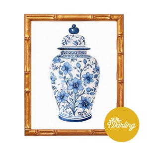 Blue Ginger Jar Art, Grand Millennial Print, Chinoiserie Style, Blue Nursery Wall Art, Ginger Jar Vase, Blue Preppy Prints, Apartment Decor