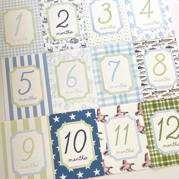Boy Blue Green Milestone Cards, Monthly Baby Milestone Set, Baby Shower Gift, Southern Baby Boy Cards, Newborn Photo Prop