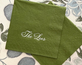 Personalized Wedding Napkins, Olive Green Cocktail Napkins, Chic Cocktail Napkins, Custom Last Name Napkins, Embossed Foil Party Napkins