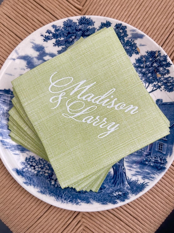 Personalized Green Wedding Cocktail Napkins, Linen Style, Foil Debossed Bar Napkins, 5x5 Beverage Custom Napkins