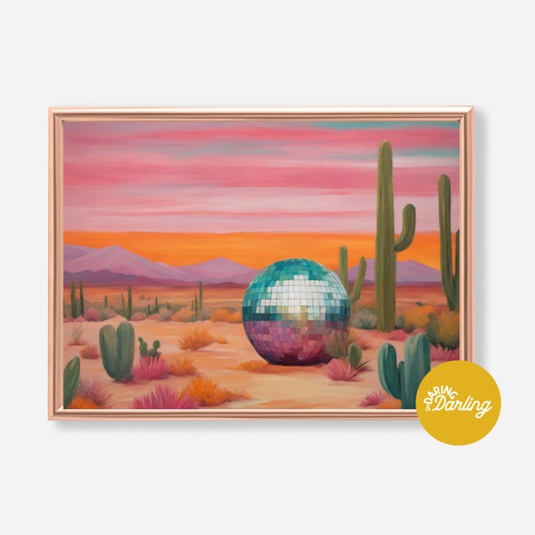 Disco Ball Digital Art, Desert Decor, Southwestern Decor, Cactus Art, Preppy Disco Art