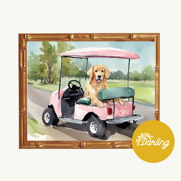 Preppy Golden Retriever Art Print, Dog Wall Art, Golden Retriever Gifts, Grand Millennial, Golf Lover Gift, Retriever Nursery, Dog Mom Gifts