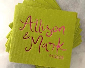 Custom Whimsical Wedding Napkins, Chartruese Wedding Decor, Personalized Cocktail Napkins, Rehearsal Dinner Decor