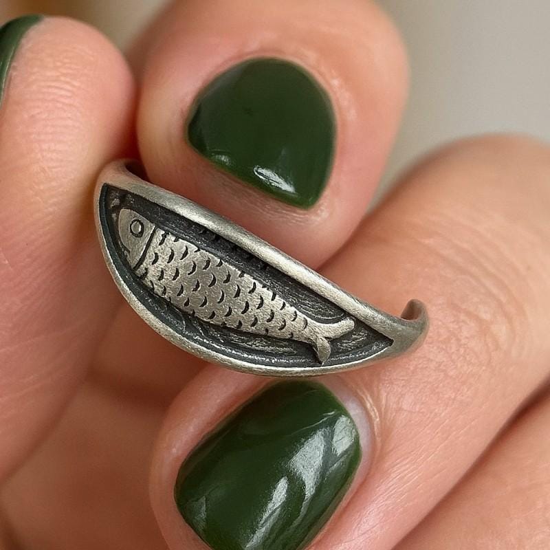 Fisherman Vintage Style Ring, Silver Plated Fish Ring, Sardine Ring Silver, Adjustable Fish Ring, Summer Sea Ring, Swimming Fish Ring
