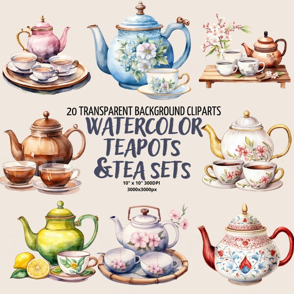 Watercolor Teapots & Tea Sets 20 Cliparts Pack Transparent Background PNG Artworks, Digital Clip Art Sublimation Junk Journals