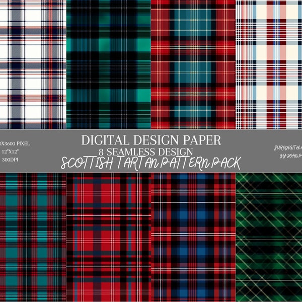 Pacchetto di modelli tartan scozzese - 8 modelli senza giunture - Carte per album - Sfondo digitale - Set di carte da parati stampabili - Sciarpa di lana scozzese