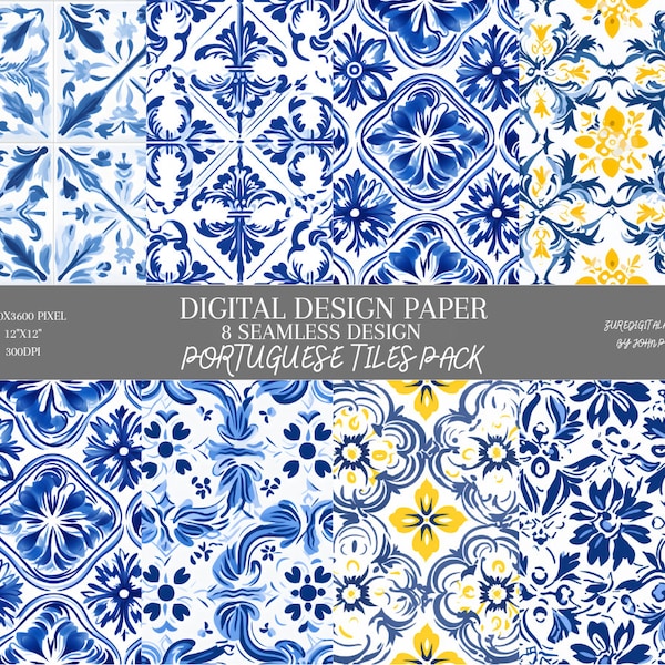 Portuguese Tiles - 8 Seamless Patterns -  Scrapbook Papers - Digital Background - Printable WallPaper Set - Blue Pattern Ceramic European