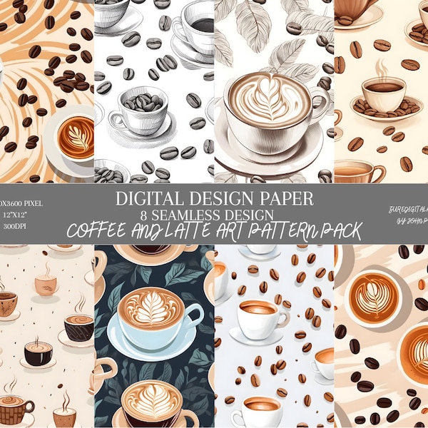 Coffee And Latte Art Pack - 8 Seamless Patterns -  Scrapbook Papers - Digital Background - Printable WallPaper Set - Shop Cappuccino