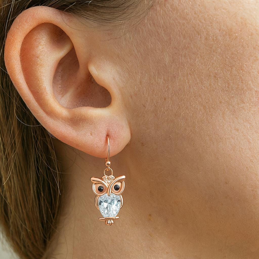 Cute Owl Earrings with Crystals, Owl Earrings with Diamonds, Hook Earrings, Rose Gold, Silver, Gift 