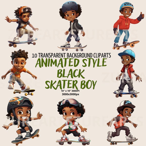 Animated Style Black Skater Boy 10 Cliparts Pack Transparent Background PNG, Digital Paper, Clip Art Sublimation Junk Journals Scrapbooking