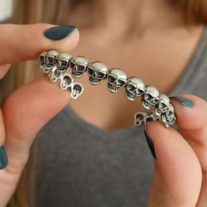 Skulls Bangle Bracelet  - Silver Plated Eagle Cuff - Halloween Cranium Spooky Bracelet - Scary Skeleton Bracelet - Goth Punk Bracelet Cuff