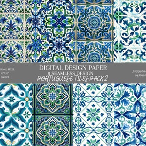 Portuguese Tiles - 8 Seamless Patterns -  Scrapbook Papers - Digital Background - Printable WallPaper Set - Blue Green Azulejo European